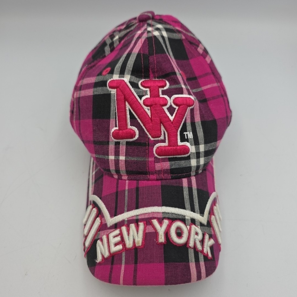 NY Ball Cap NEW YORK Hat Tartan Plaid Pink Khaki Black White City Hunter Adjust